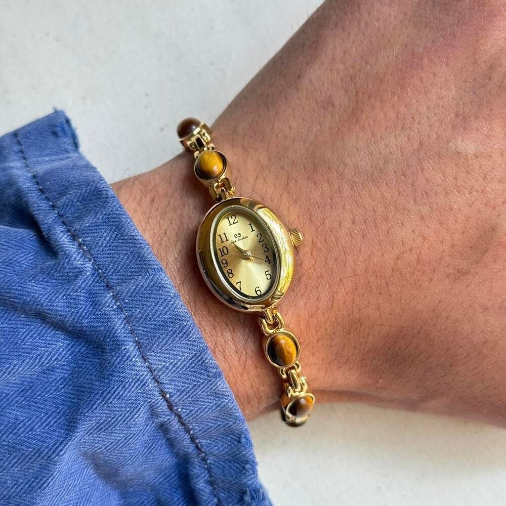y2k cute gold round stainless steel quartz brown stone charm watch